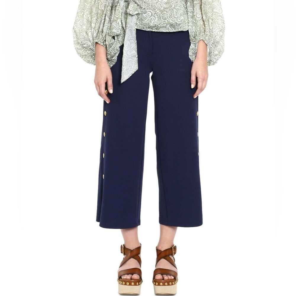 MICHAEL Michael Kors Side-Snap High-Waist Cropped Belted Pants Navy Blue Medium
